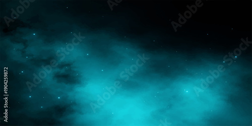 An abstract blue space background features a dark night sky filled with bright stars, glowing galaxy light, and a textured cloudscape of smoke and lightning