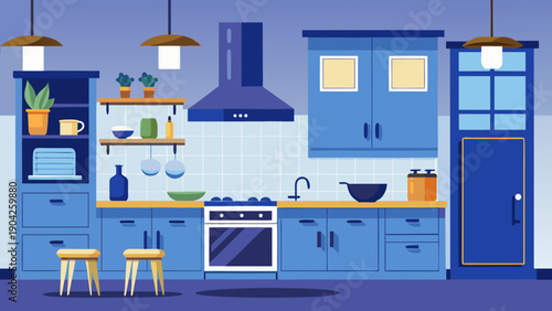Modern kitchen with vibrant blue color scheme and stylish appliances Vector, illustration