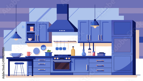 Modern kitchen with stainless steel appliances and wooden cabinets Vector, illustration