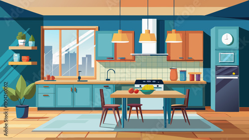 Modern kitchen with family enjoying a cozy meal together Vector, illustration