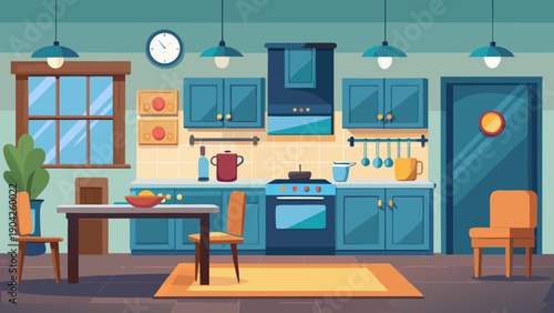 Modern kitchen interior with stylish appliances and cozy decor Vector, illustration