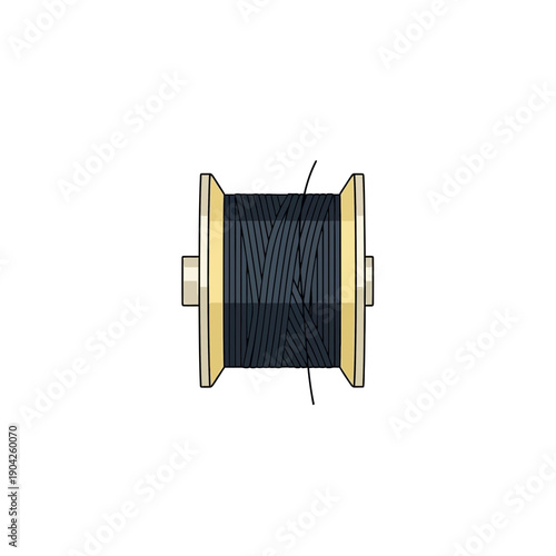 Dark thread wound on a golden spool, isolated on white background