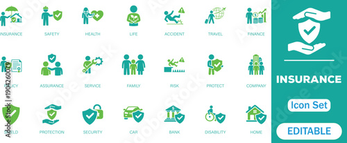 Insurance and assurance icon set. Containing healthcare medical, life, car, home, travel insurance icons. Solid icons vector collection.