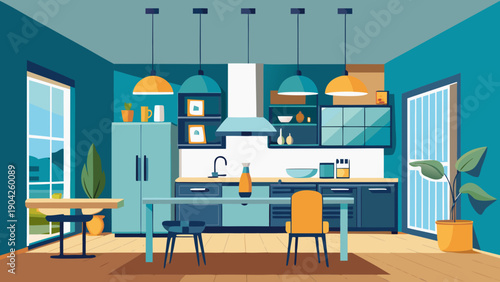 Modern kitchen and dining area with bright blue accents and stylish furniture Vector, illustration