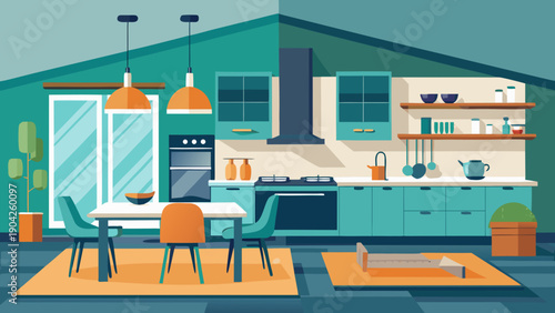 A cozy modern kitchen with a playful pet enjoying a sunny day by the window. Vector, illustration