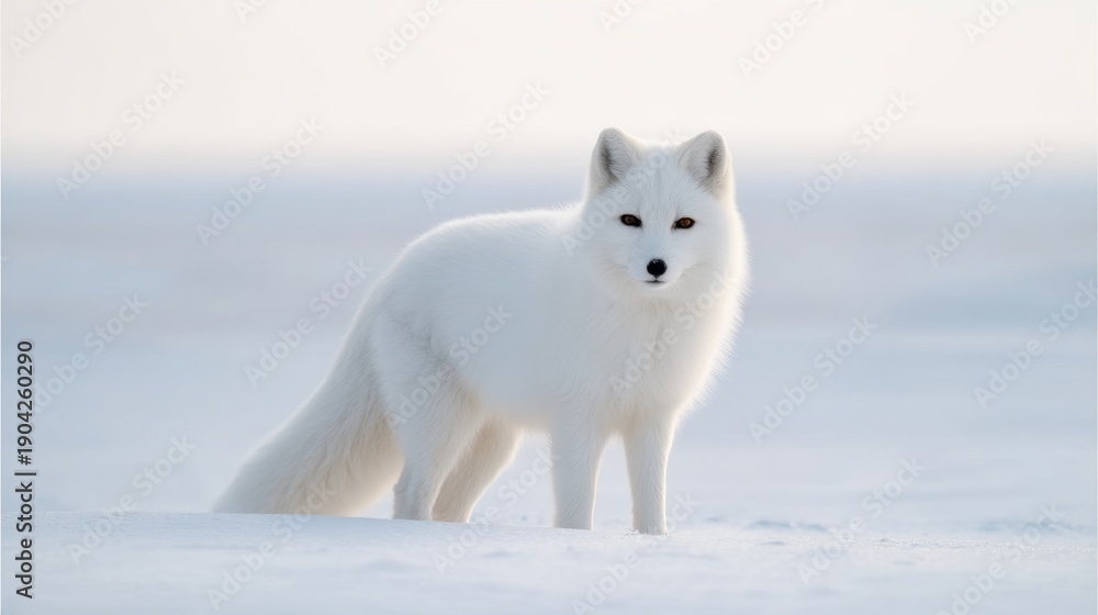 Naklejka premium A Majestic Arctic Fox Standing Gracefully in the Snowy Landscape at Dusk