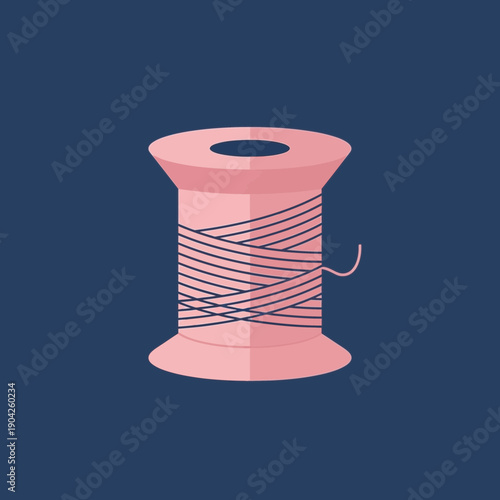 Pink thread spool icon, sewing concept, flat design