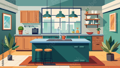 Cozy modern kitchen with vibrant colors and stylish appliances isolated on white background, Vector