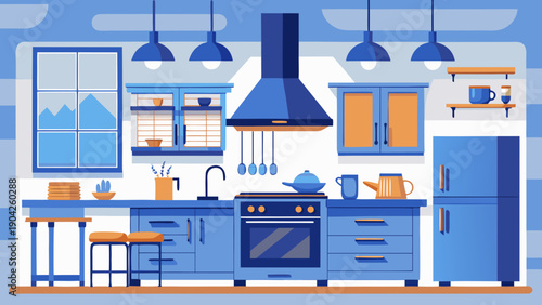 Modern kitchen with sleek appliances and stylish cabinetry design Vector, illustration