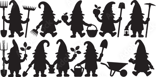 Silhouette fantastic gnome in the garden and in search of treasure. Laser cutting poses fairytale dwarf elf. Isolated vector illustration on white background