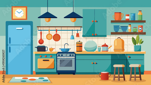 A colorful and vibrant kitchen filled with modern appliances and utensils ready for cooking. isolated on white background, Vector