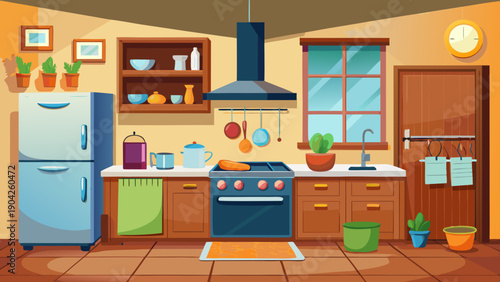 A vibrant and well-equipped cartoon kitchen with modern appliances and colorful decor isolated on white background, Vector