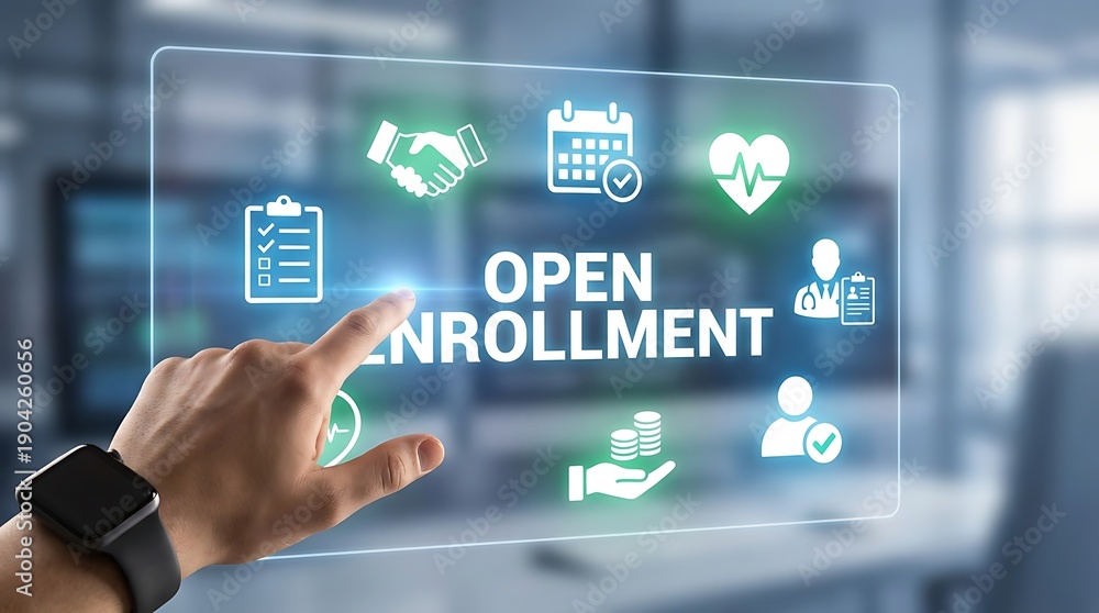 Obraz premium Person interacting with open enrollment digital interface in modern office