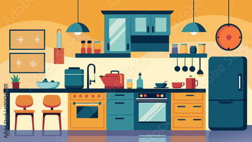 A colorful and well-equipped modern kitchen with various appliances and utensils. Vector, illustration