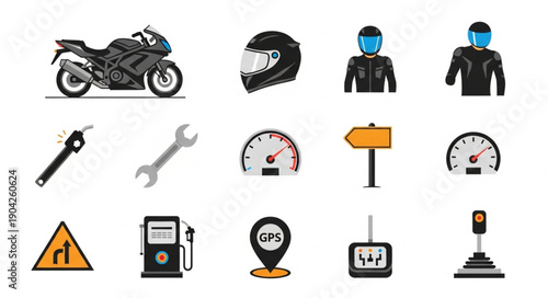 Motorcycle gear and accessories collection icons.
