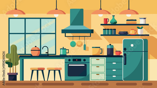 A colorful and well-organized modern kitchen with various appliances and utensils. isolated on white background, Vector