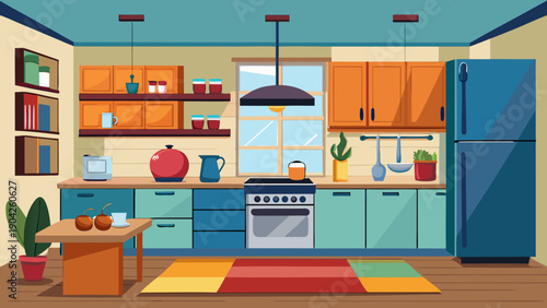 Colorful and vibrant kitchen scene with various appliances and storage items isolated on white background, Vector