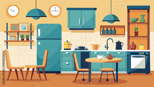 A vibrant and colorful modern kitchen with appliances and dining setup isolated on white background, Vector