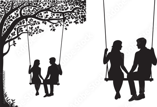 Silhouette of a couple sharing a quiet moment on a swing vector silhouette