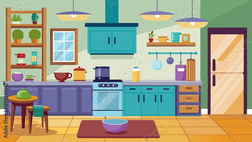 A colorful and vibrant kitchen filled with modern appliances and homey decor isolated on white background, Vector