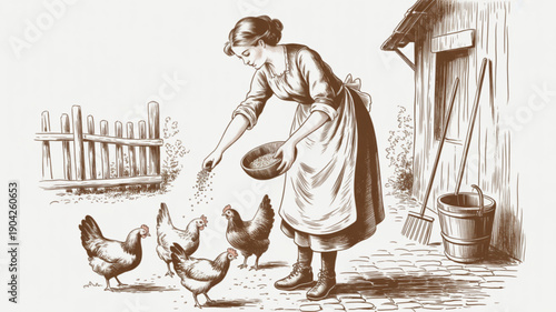Woman Feeding Chickens in Yard.