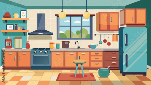 A vibrant kitchen filled with modern appliances and colorful food items isolated on white background, Vector