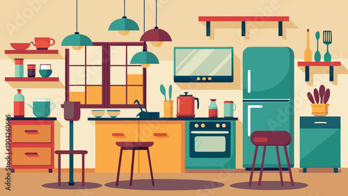 Modern kitchen and living area with bookshelves and cozy seating arrangement isolated on white background, Vector