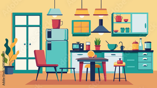 Colorful kitchen scene with friends enjoying a casual gathering and cooking together isolated on white background, Vector