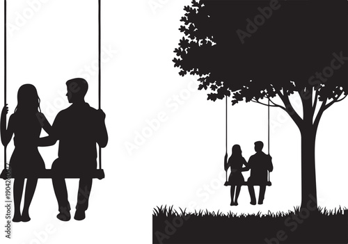 Silhouette of a couple sitting on a swing together, Valentines Day vector silhouette