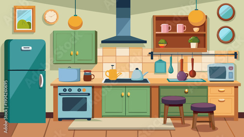 A cheerful kitchen scene with modern appliances and colorful decor isolated on white background, Vector