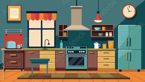 A vibrant and colorful illustration of a modern, well-equipped kitchen space isolated on white background, Vector