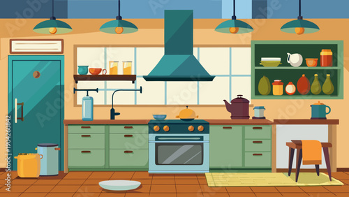 A vibrant cartoon kitchen filled with modern appliances and colorful decor isolated on white background, Vector