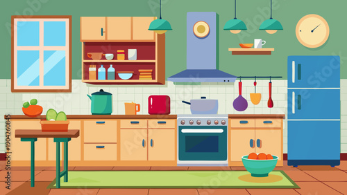 A colorful and cozy cartoon kitchen filled with retro appliances and vibrant decor isolated on white background, Vector