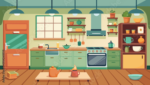 A colorful and organized modern kitchen interior with various appliances and storage. isolated on white background, Vector