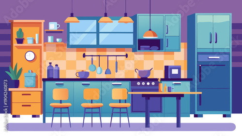 A colorful illustration of a modern and cozy home office and kitchenette setup isolated on white background, Vector