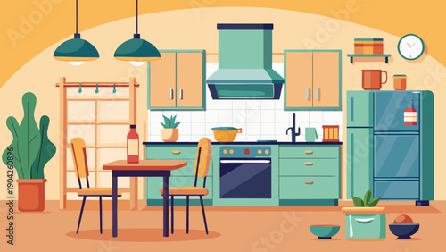 A cheerful family preparing a meal in a brightly colored and cozy kitchen. isolated on white background, Vector