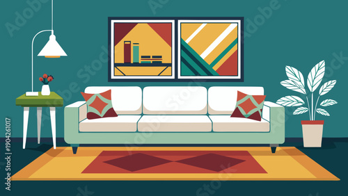 Cozy living room with modern furniture and vibrant decor accents isolated on white background, Vector
