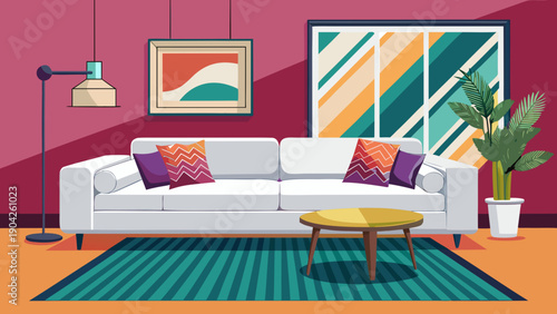 Cozy living room with modern furniture and vibrant decor elements isolated on white background, Vector