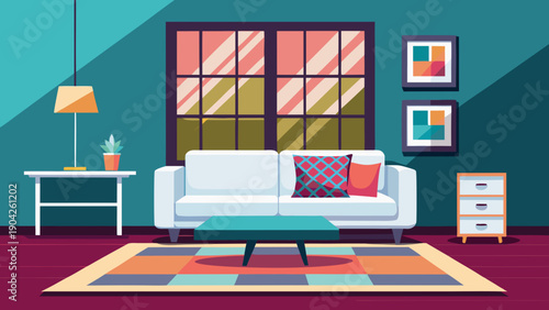 Cozy modern living room with vibrant art and comfortable furniture isolated on white background, Vector