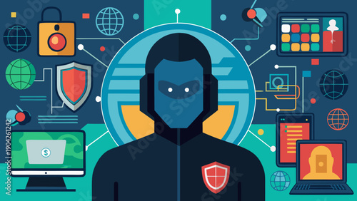 Cybersecurity professional monitoring digital threats and network security Vector, illustration