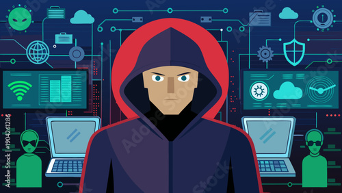 Mysterious hacker navigating through a digital network interface landscape Vector, illustration