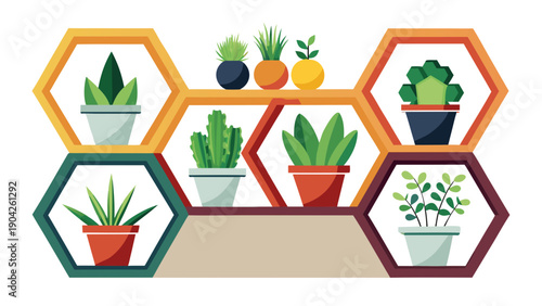 Hexagonal planters arrangement featuring various indoor plants and greenery Vector, illustration