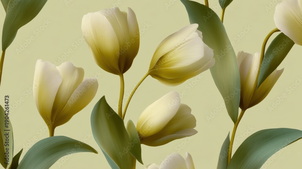 Obraz premium Digital illustration of a group of white tulips with green leaves. the tulips are arranged in a symmetrical pattern, with six of them overlapping each other.