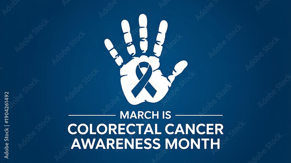 Fototapeta premium March is colorectal cancer awareness month banner featuring white handprint with blue ribbon symbol on deep blue background for medical health campaign and prevention education use