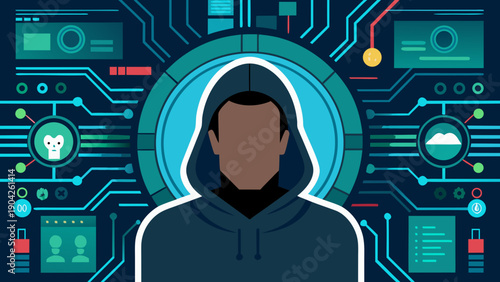 Mysterious figure hidden within futuristic digital circuitry and network connections Vector, illustration