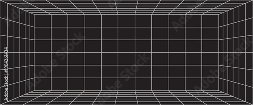 3D digital white grid of black room space with one point perspective. Empty geometric cyberspace studio background. Virtual three dimension scene. Easy guide architecture template