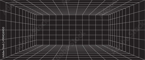 3D digital white grid of black room space with one point perspective. Empty geometric cyberspace studio background. Virtual three dimension scene. Easy guide architecture template