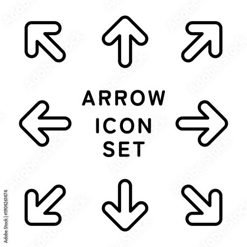 上下左右と斜めの方向を示す枠線タイプのシンプルな矢印アイコン8点セット (ベクター)