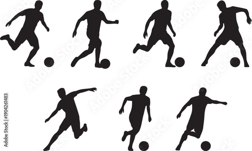 Soccer player silhouette set, black vector, football action poses, dribbling, kicking, standing, isolated illustrations, athletic movement, sports theme