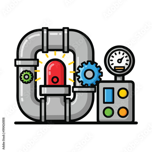 A cartoon-style illustration of a gray machine with a red siren and various buttons and dials